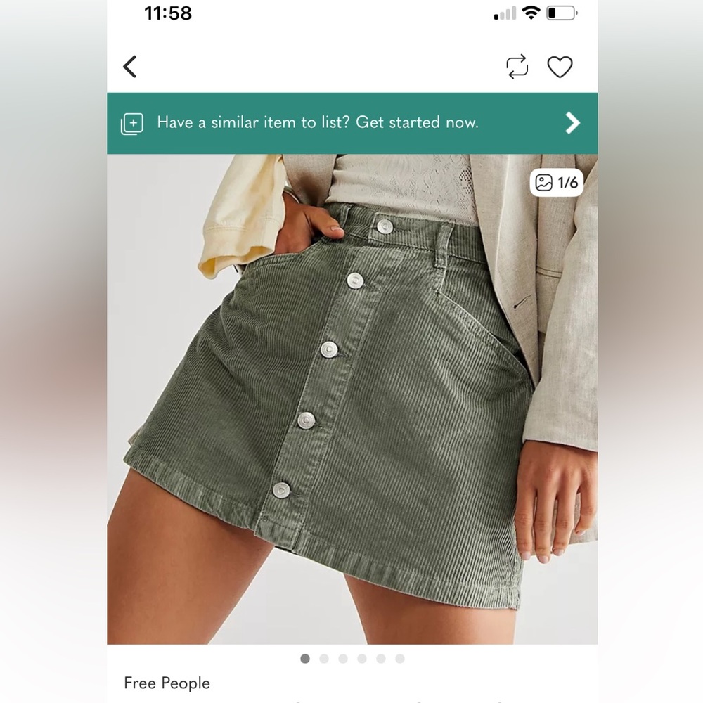 VGUC Free People Ray Cord Mini Skirt Washed Army green corduroy button up mini 6